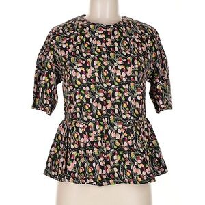 People Tree Black Floral Peplum Blouse with Pink and Green Accents